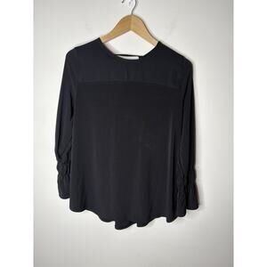 Chicos Size 1 US M Blouse Black Long Sleeve Ruffle Bell Tie Back Detail Shirt